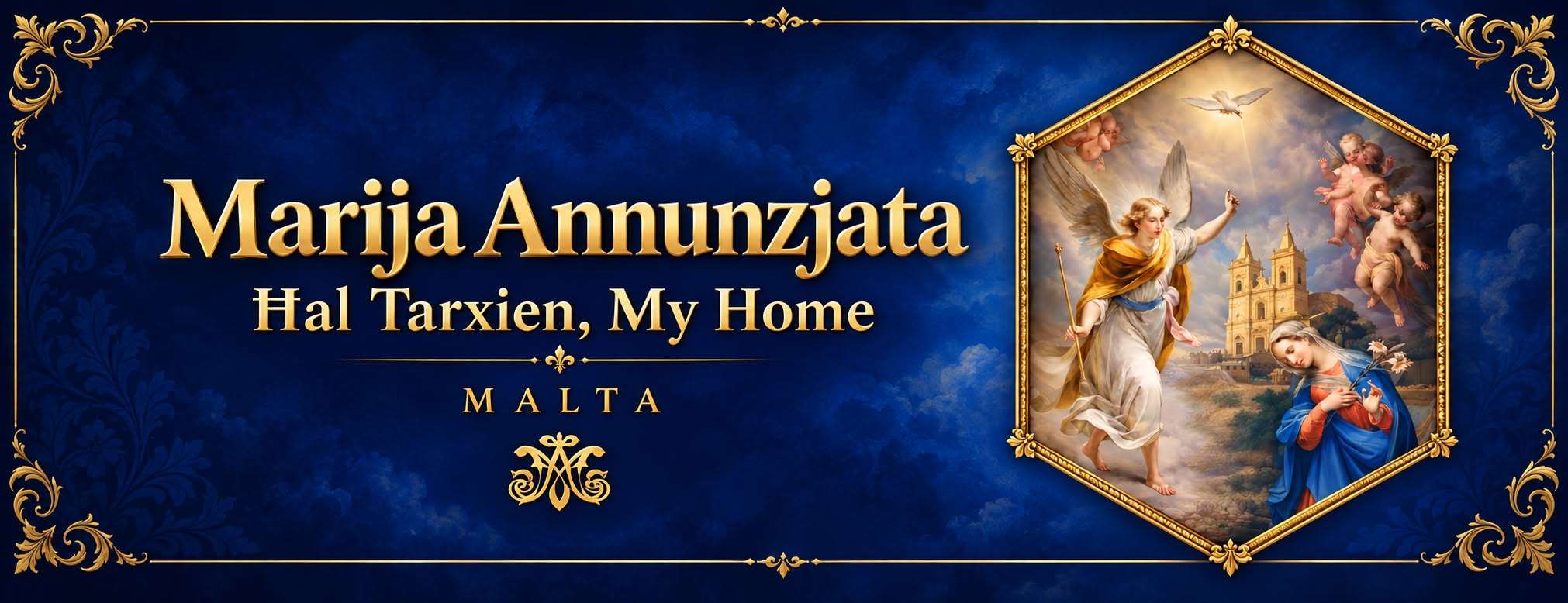 Decorative blue and gold Marija Annunzjata banner, Ħal Tarxien, My Home